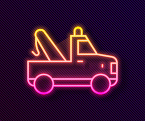 Glowing neon line Tow truck icon isolated on black background. Vector.