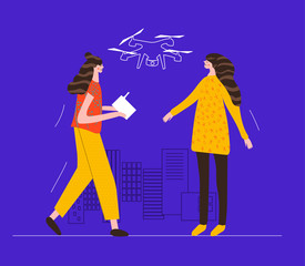 Female drone pilot. Girl stands with control panel from the drone. Women launch an unmanned aerial vehicle. Future technology, UAV.  Handdrawn vector illustration in cartoon style