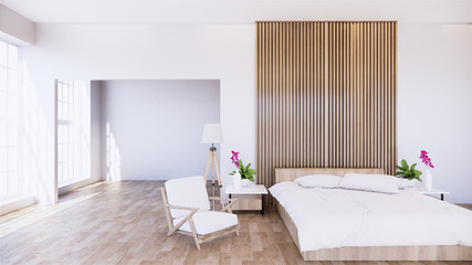 Fototapeta na wymiar Home interior wall mock up with wooden bed in bedroom minimal design. 3D rendering.