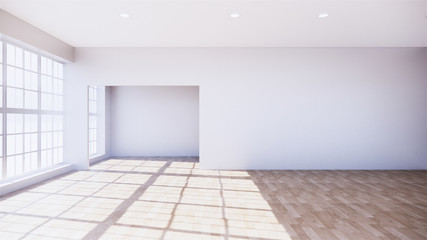 large room, wide open Clean white wall and wood grain floor with sun light into the room.3D rendering