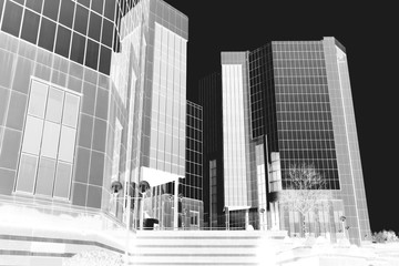 Abstract image of a modern office building.  Black and white negative inverted image.