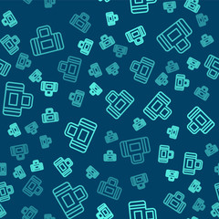 Fototapeta premium Green line Sport bag icon isolated seamless pattern on blue background. Vector.