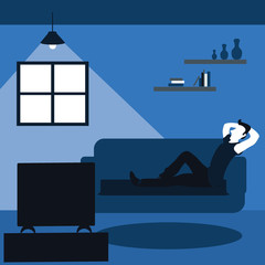 a man casually watching television at the living room - two tone flat cartoons illustrations