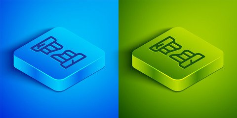 Isometric line Broken ancient column icon isolated on blue and green background. Square button. Vector.