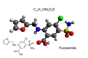 Chemical formula, structural formula and 3D ball-and-stick model of furosemide, a diuretic drug, white background