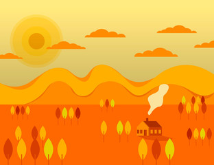 Fall landscape orange tones. Abstract illustration trees, hills, clouds, sun and house.