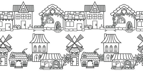 Seamless pattern with country house, street. Black and white vector illustration. Coloring book.