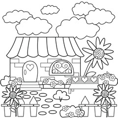 Country house, black and white vector illustration in a cartoon style for a coloring book.