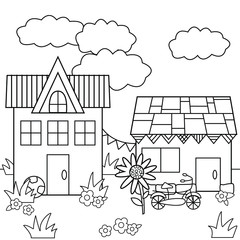 Country house, black and white vector illustration in a cartoon style for a coloring book.