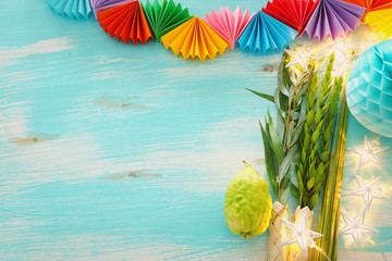 Jewish festival of Sukkot. Traditional symbols (The four species): Etrog (citron), lulav (palm branch), hadas (myrtle), arava (willow) © tomertu