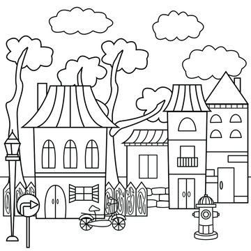 Country house, black and white vector illustration in a cartoon style for a coloring book.