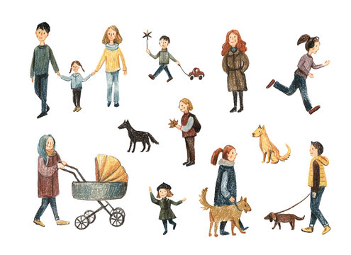 Set of people with colored pencils. Autumn walks. People are walking. People with dogs.