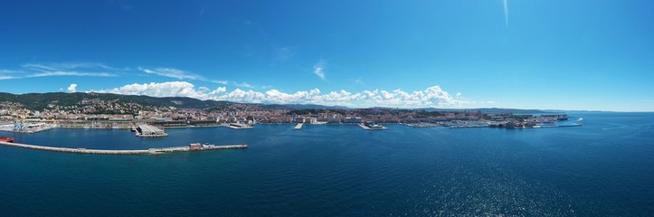 Panoramic view from above on Trieste sea port and city	
