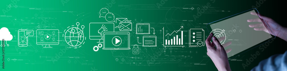 Poster Digital marketing with person hand using a digital tablet computer on green background.