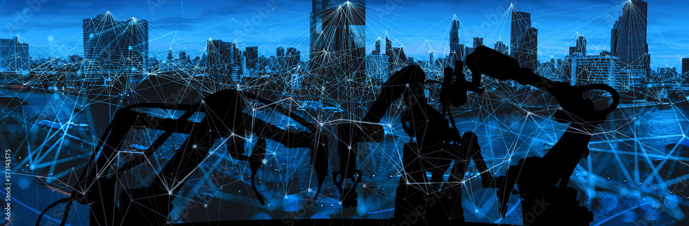 Fototapete silhouette of modern automation robot arms with ai assistant technology network concept and metropol