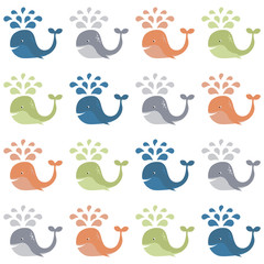 Seamless vector pattern with colorful sea whales and water drops. Vector illustration in flat style for wrapping paper, Wallpaper, fabric printing.
