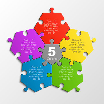 Five Piece Puzzle Business Presentation. Circle Infograph. 5 Step Puzzle Process Diagram. Five Section Compare Service Banner. 5 Section Shape, Info Graphic Banner Background