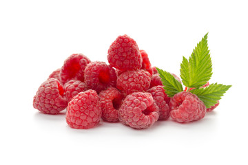  raspberries with leaf isolated on a white background
