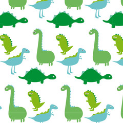 Flat pattern with cute dinos. Cute dinosaurs isolated on white background. Kids illustration. Funny cartoon dino and prehistoric elements. Children design