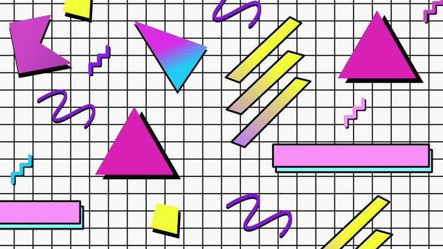 Seamless loop of retro vintage 2D animation of 90s geometric shapes. 