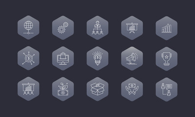 Vector set of creative icons. Business, finance, ecommerce, enterprise line icons on polygon shapes, pictograms.