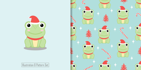 cute Christmas frog baby animal seamless pattern set good for card invitation