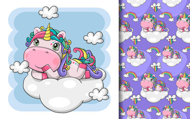 hand drawn cute magical unicorn with cloud and pattern set