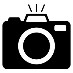 GrafikZeichnung - photo camera icon. - digital cam equipment symbol with flash - coming soon image - black simple isolated template / design - square xxl g9890