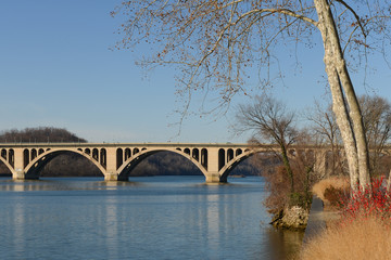 Washington D.C. in autumn foliage - Potomac River and Key Bridge.

