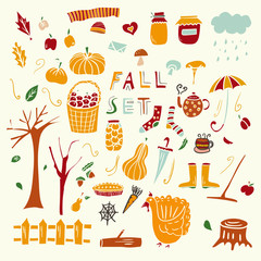 Autumn Season Fall Doodle Icons Hand Made Vector Art Design Color Sketch
