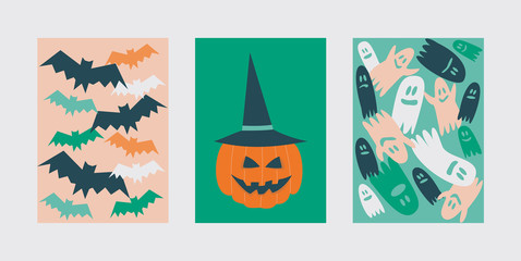 Illustration of halloween postcards with bats, ghosts and pumpkin