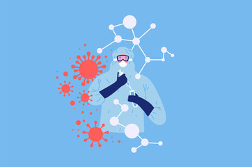 Medicine worker in hazmat suit testing new vaccine for coronavirus disease cure breakthrough. Flat cartoon character doing experiment with syringe and corona virus pandemic particles.