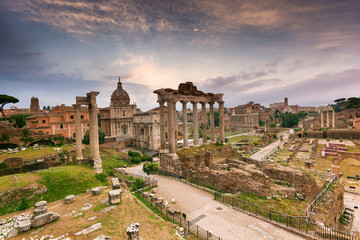 Fototapeta na wymiar Empty Roman forum signifying the impact of COVID on tourism industry. Italy Rome