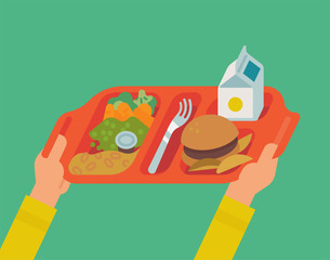 School lunch program concept vector illustration with student hands holding plastic tray with a meal
