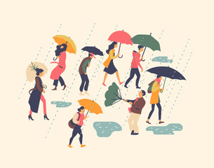Set of vector illustrations on various people walking in rain holding umbrellas . Miserable rainy and windy day on a street concept design. Passersby in stormy autumn or fall season weather