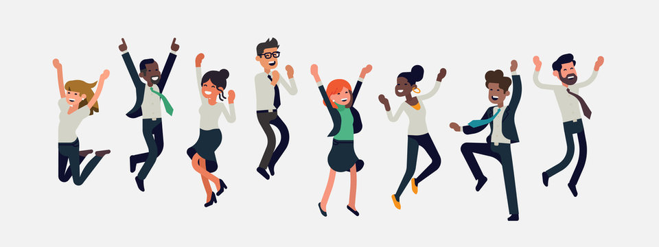 Cheerful multiracial business people celebrating together. Diverse group of happy company team colleagues jumping. Flat vector winning characters collection