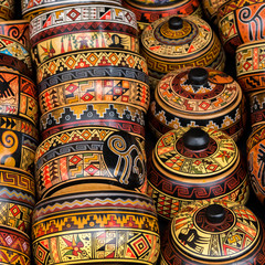 Colorful pottery, craft market of Pisac, near Cusco, Peru