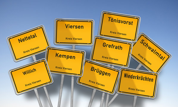 Ortstafel, Kreis Viersen, St&auml;dte und Gemeinden