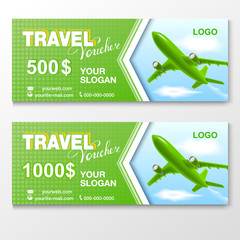 Gift Travel Voucher design for 500 and 1000 dollars with flying airplane. Concept for summer vacation, travel agency and sale ticket. Vector illustration