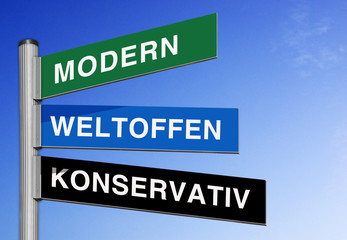 Tafel mit Slogan; modern, weltoffen, konservativ