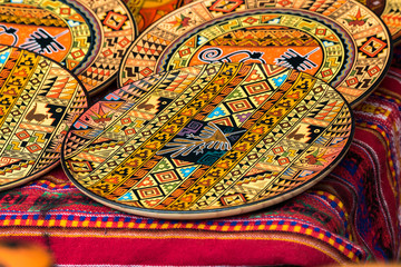 Colorful pottery, craft market of Pisac, near Cusco, Peru