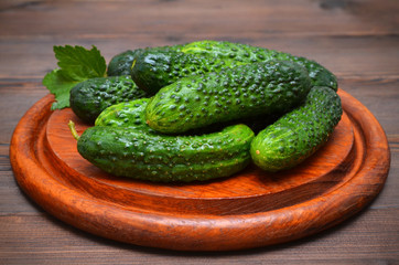 delicious fresh cucumbers on a wooden board close-up