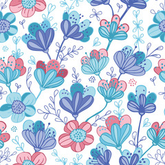 Vector blue pink purple flowers seamless pattern print background.
