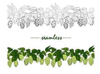 leaves and cones of hop, hops ingredient for making beer, seamless vector ornament
