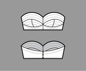 Bustier tube top technical fashion illustration with sweetheart neckline, cups and a cutaway front. Flat bra swimwear lingerie apparel template front back white color. Women men unisex underwear CAD. 