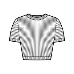 Ribbed cropped cotton-jersey t-shirt technical fashion illustration with scoop neck, short sleeves, close fit. Flat outwear sweater apparel template front white color. Women men unisex knit top CAD