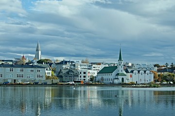 Iceland-view of city Reykjavik and Lake Tjornin