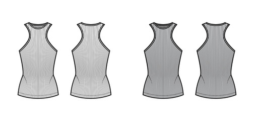 Ribbed cotton-jersey tank technical fashion illustration with racer-back straps, slim fit, crew neckline. Flat outwear top apparel template front, back, white grey color. Women, men unisex shirt knit