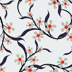 Vector seamless pattern with fantasy flowers, leaves, twigs. Elegant floral background. Simple ditsy texture. Liberty style wallpapers. Red, gray, black, deep blue color. Repeat design for print, wrap