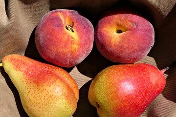 Closeup two sunlit reddish pears and peaches on a brown cloth
